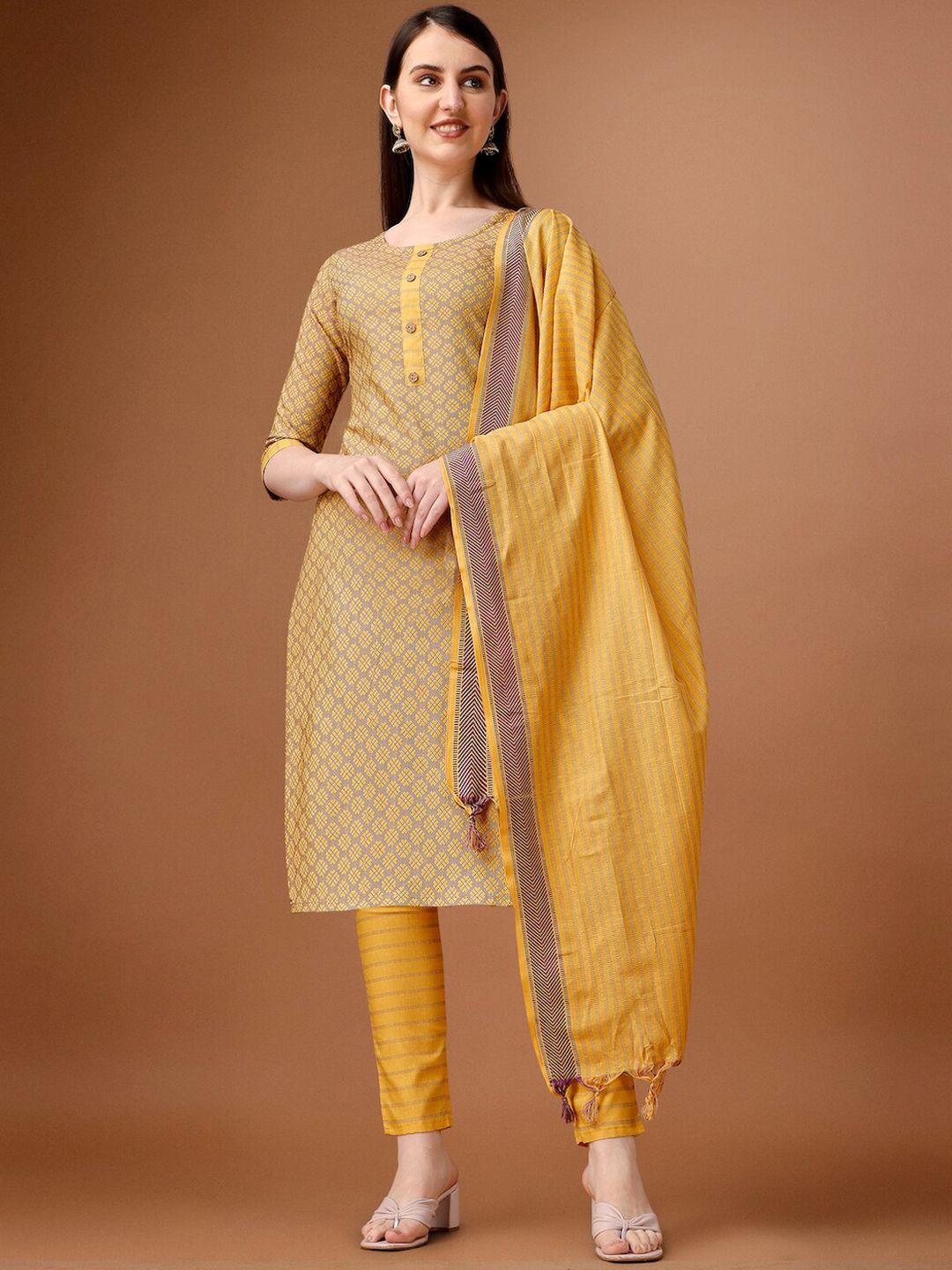 here&now yellow & brown ethnic motifs printed pure cotton kurta with trousers & dupatta