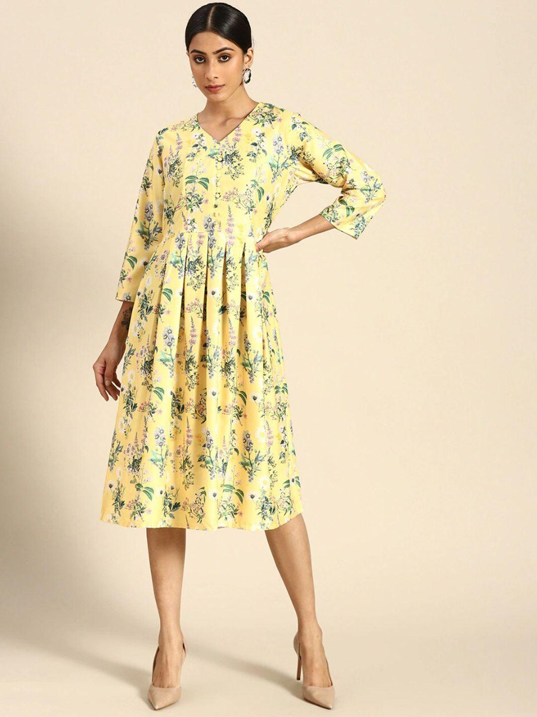 here&now yellow & green floral printed crepe a-line midi dress