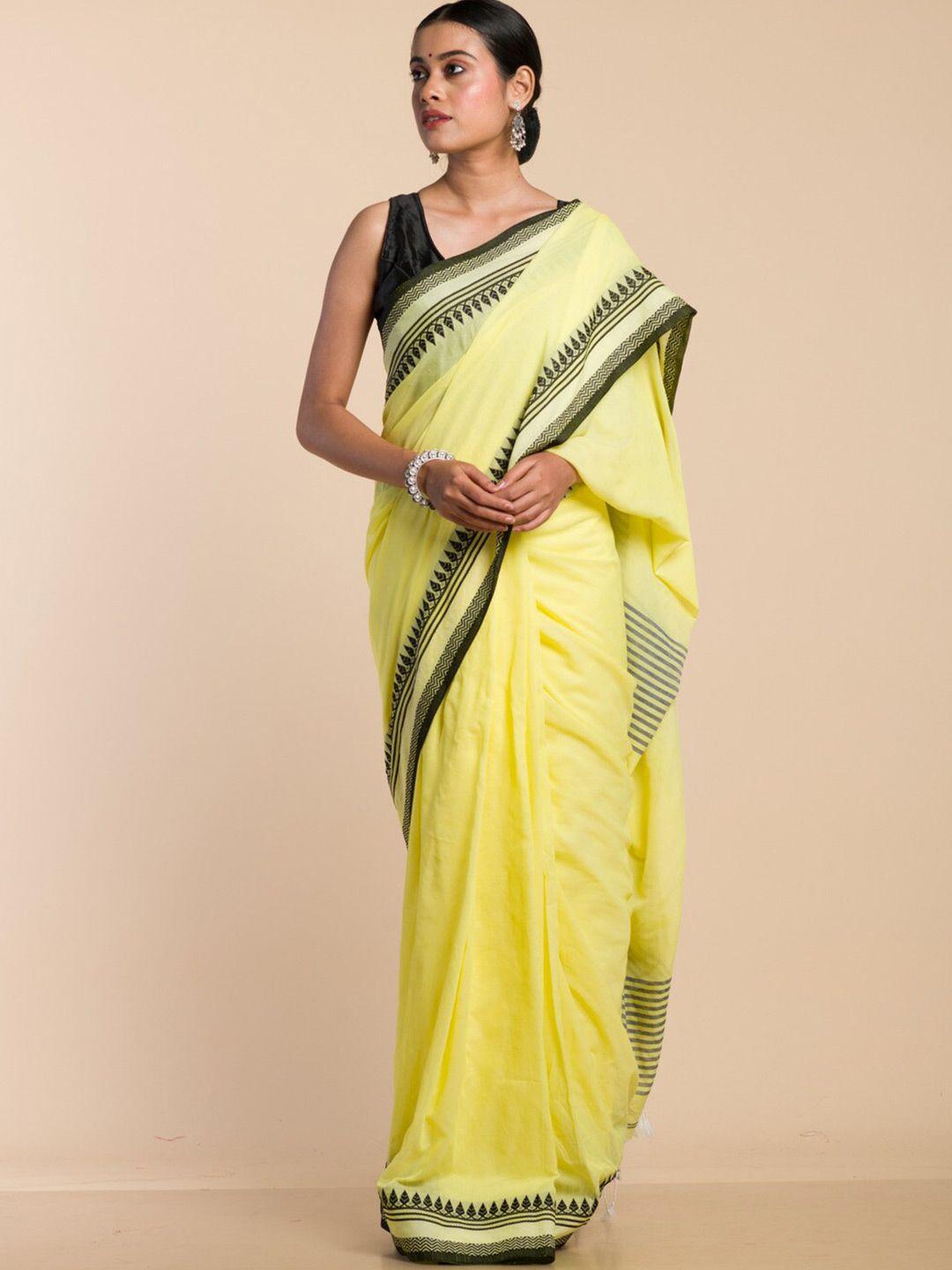 here&now yellow & green pure cotton khadi saree