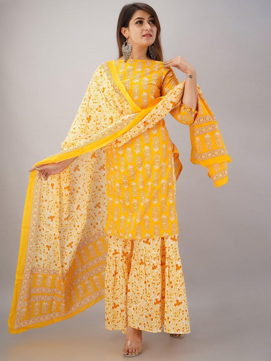 here&now yellow & off white floral printed boat neck kurta with sharara & dupatta