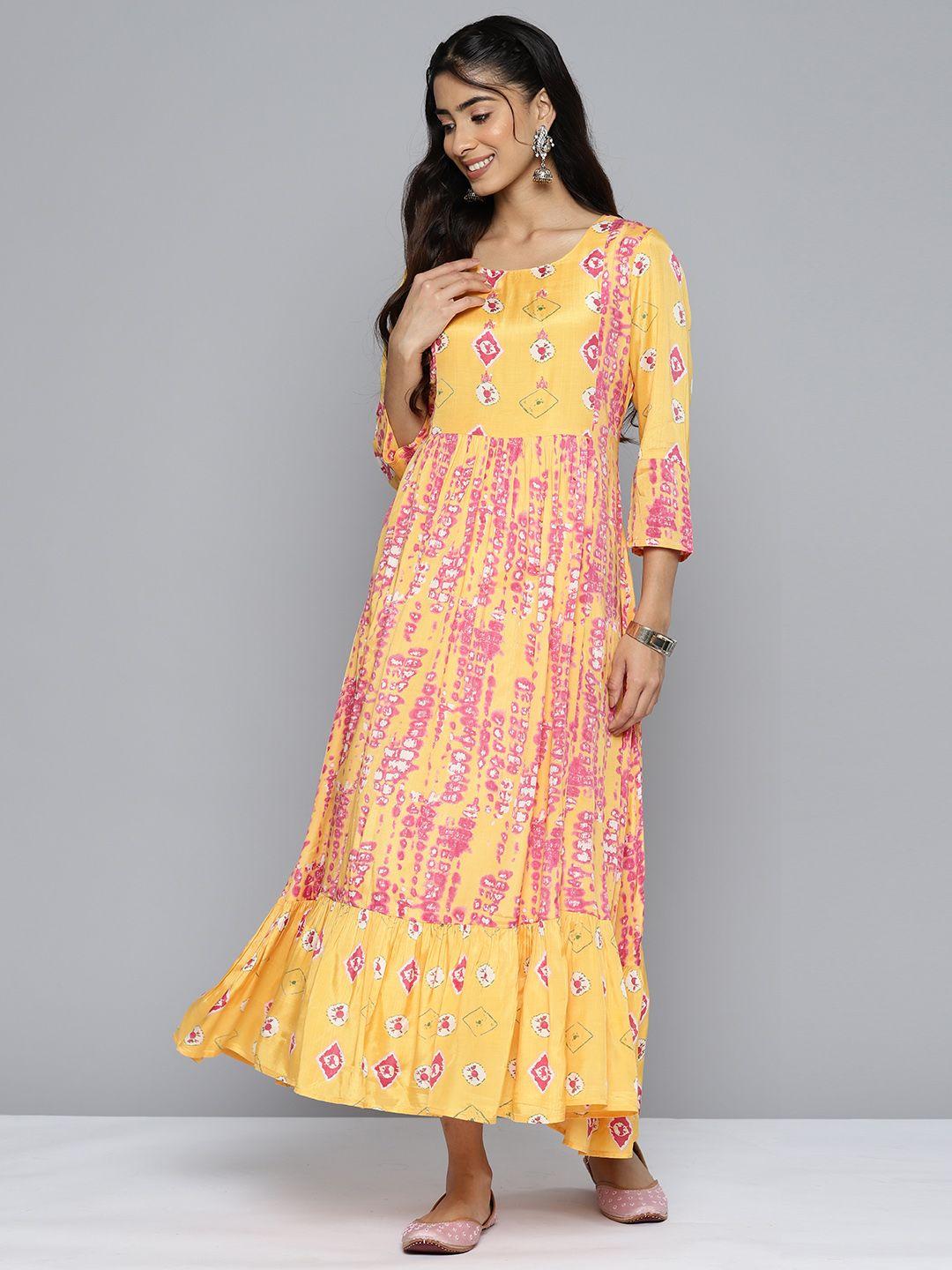 here&now yellow & pink floral print a-line midi dress