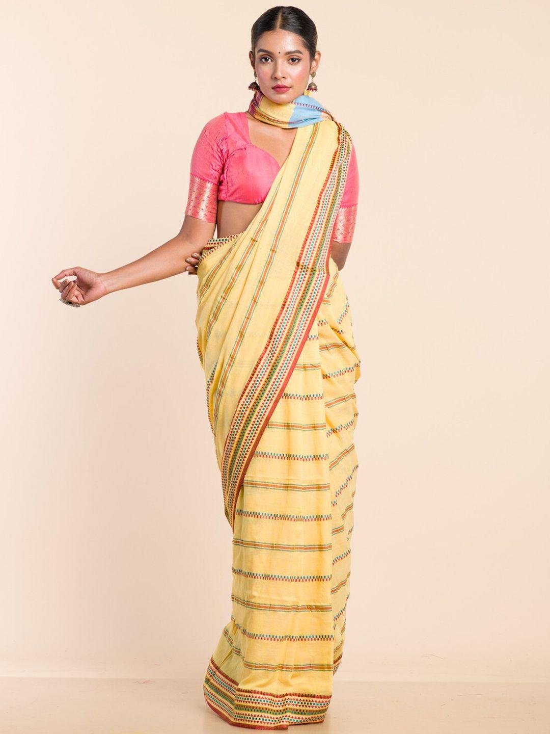 here&now yellow & red striped pure cotton khadi saree