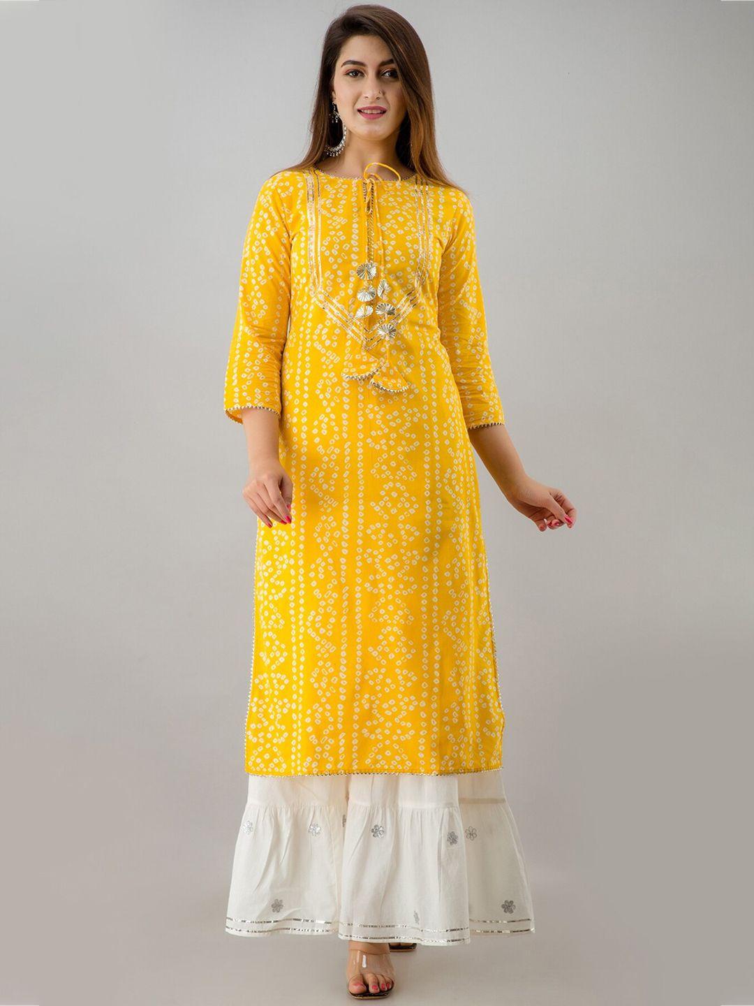 here&now yellow & white bandhani printed tie-up neck gotta patti kurta