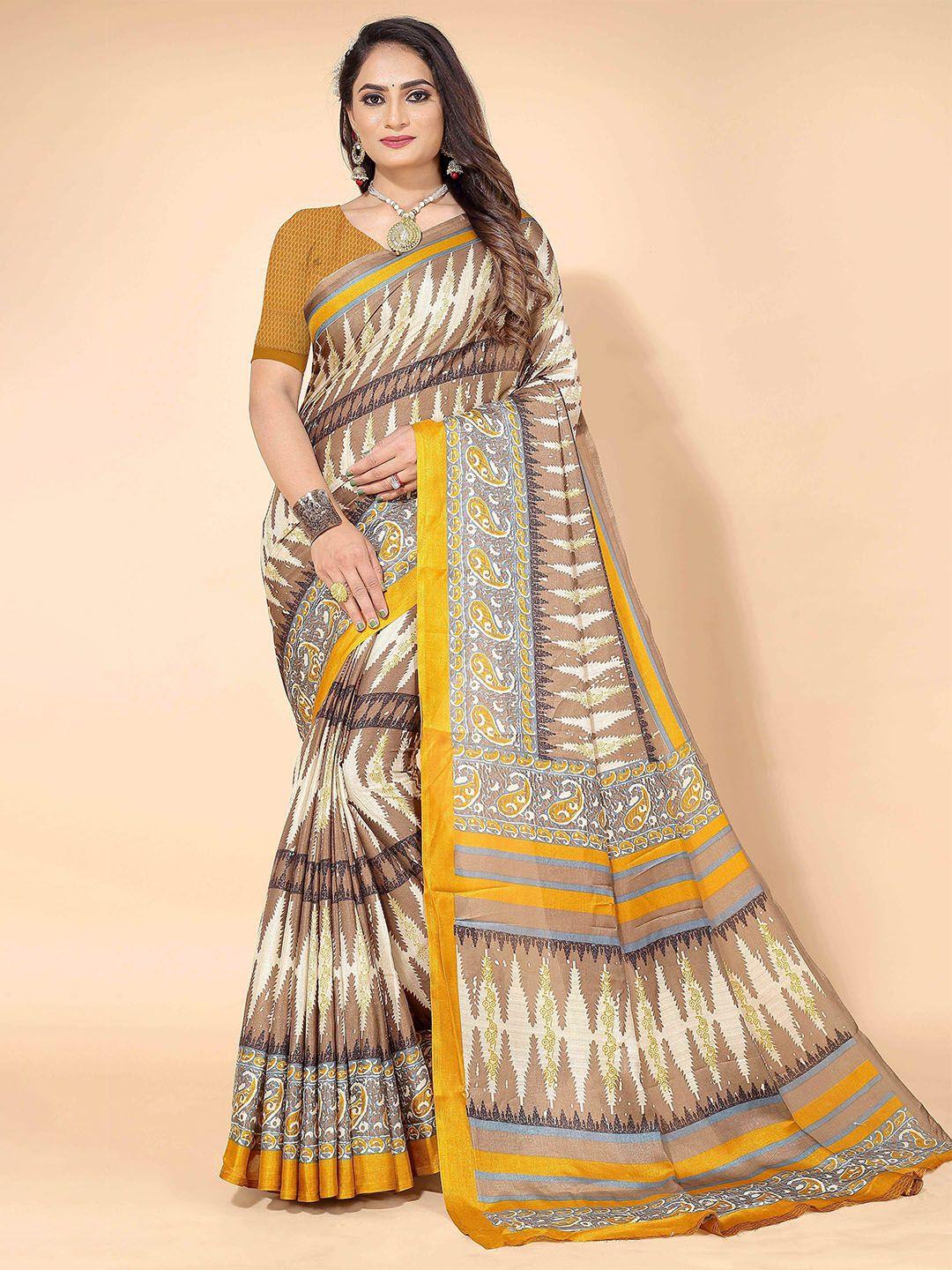 here&now yellow & white ethnic motif printed saree