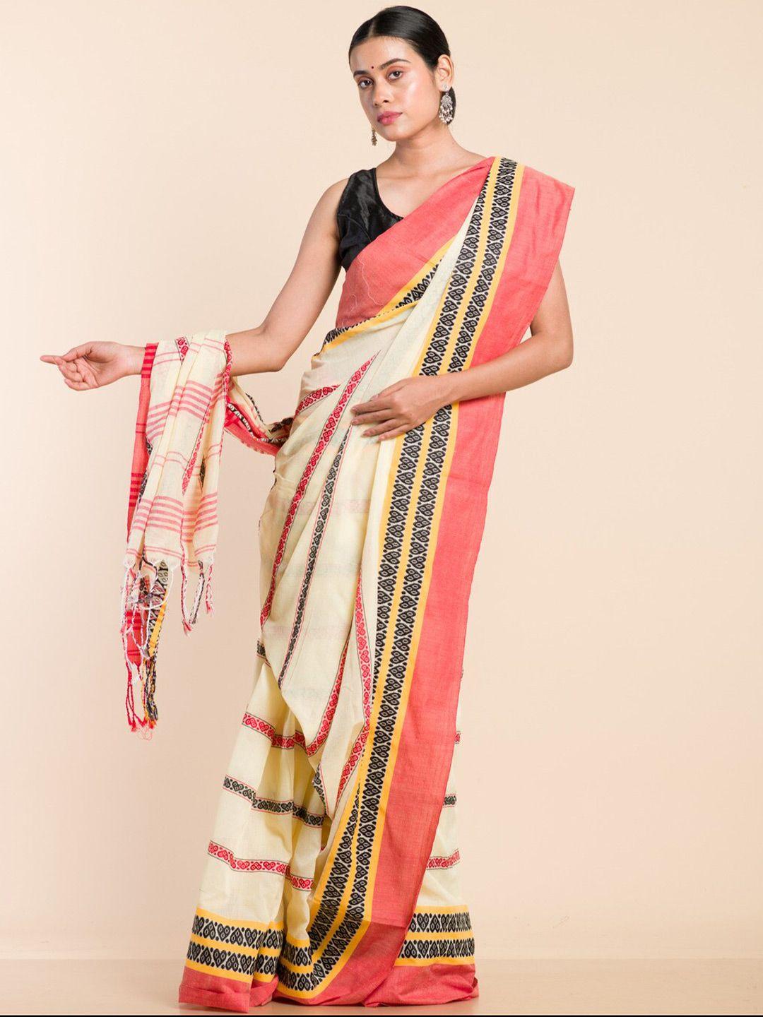 here&now yellow & white striped pure cotton khadi saree