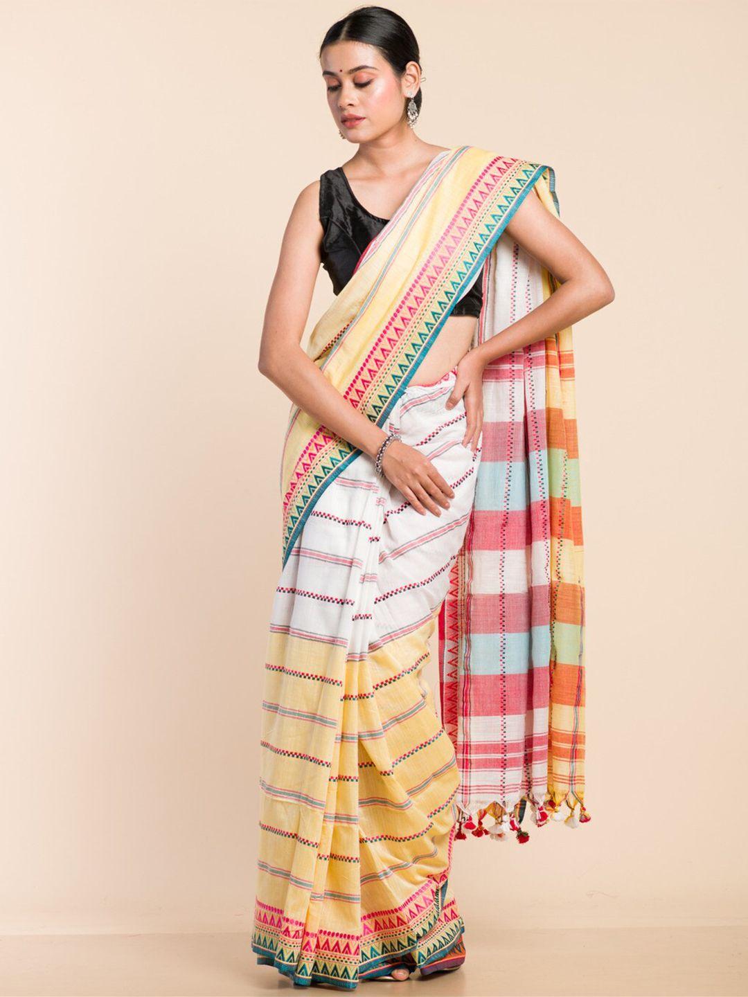 here&now yellow & white striped pure cotton khadi saree