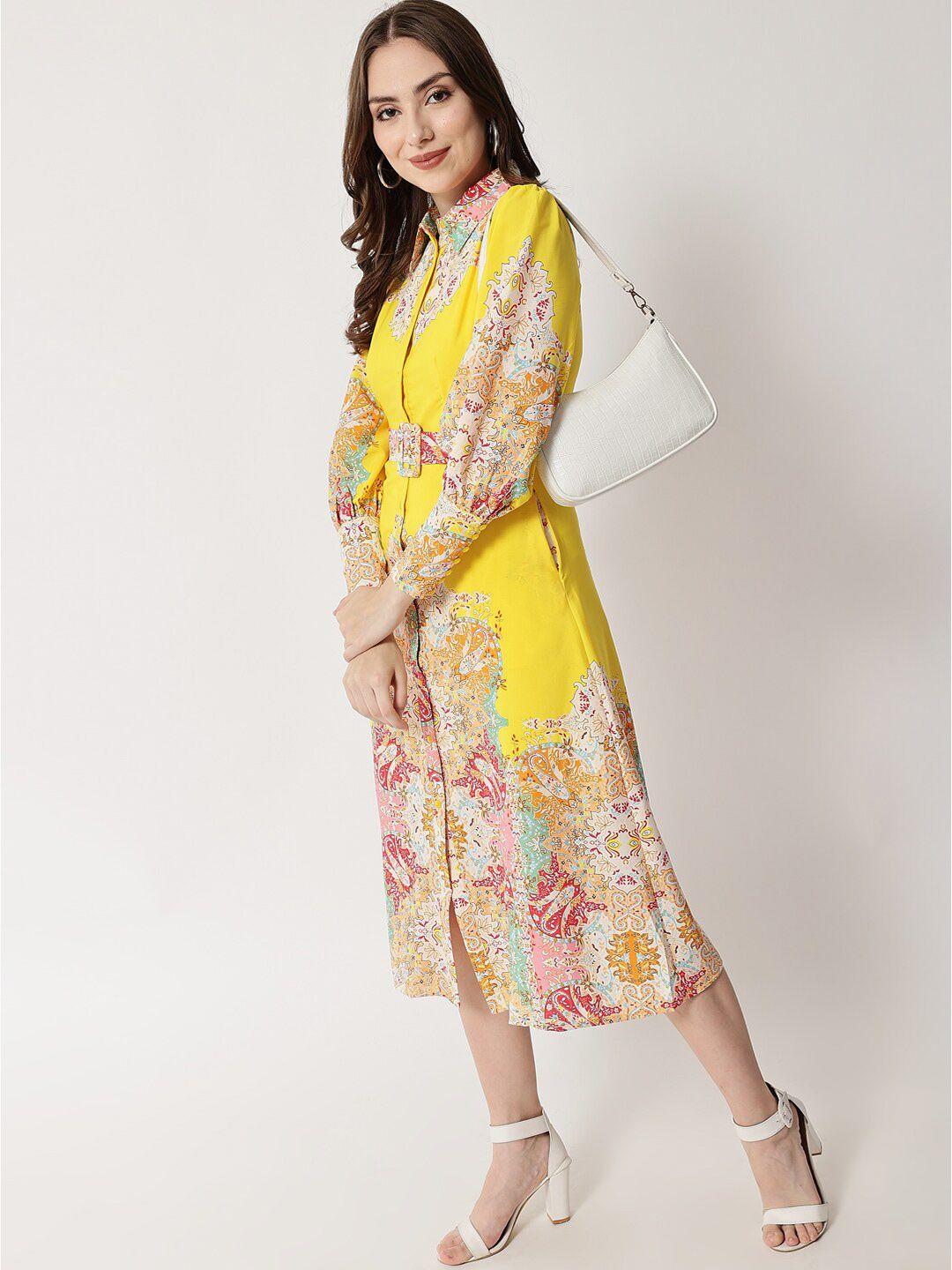 here&now yellow ethnic motifs crepe shirt midi dress