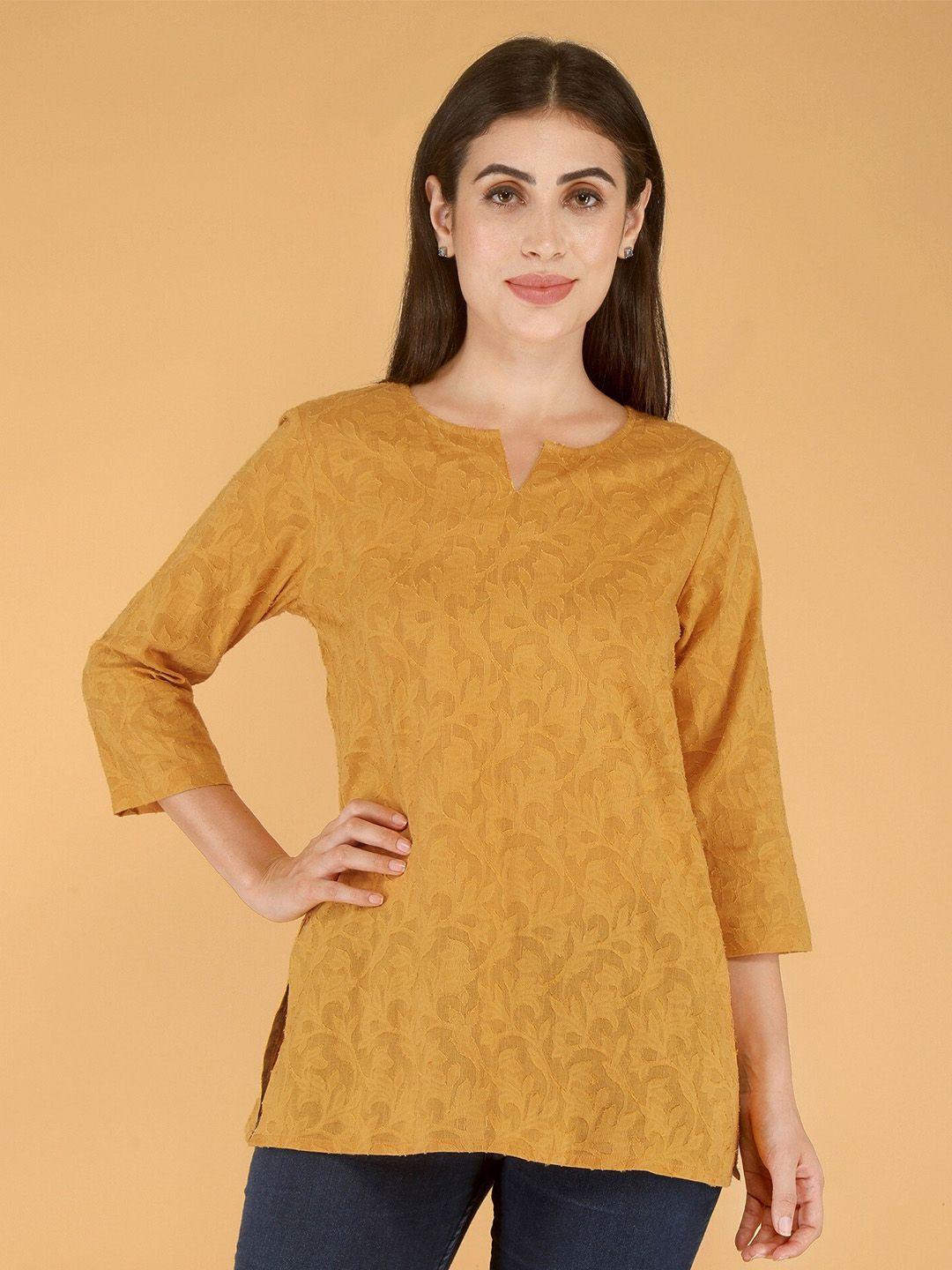 here&now yellow ethnic motifs dobby v-neck pure cotton dobby kurti