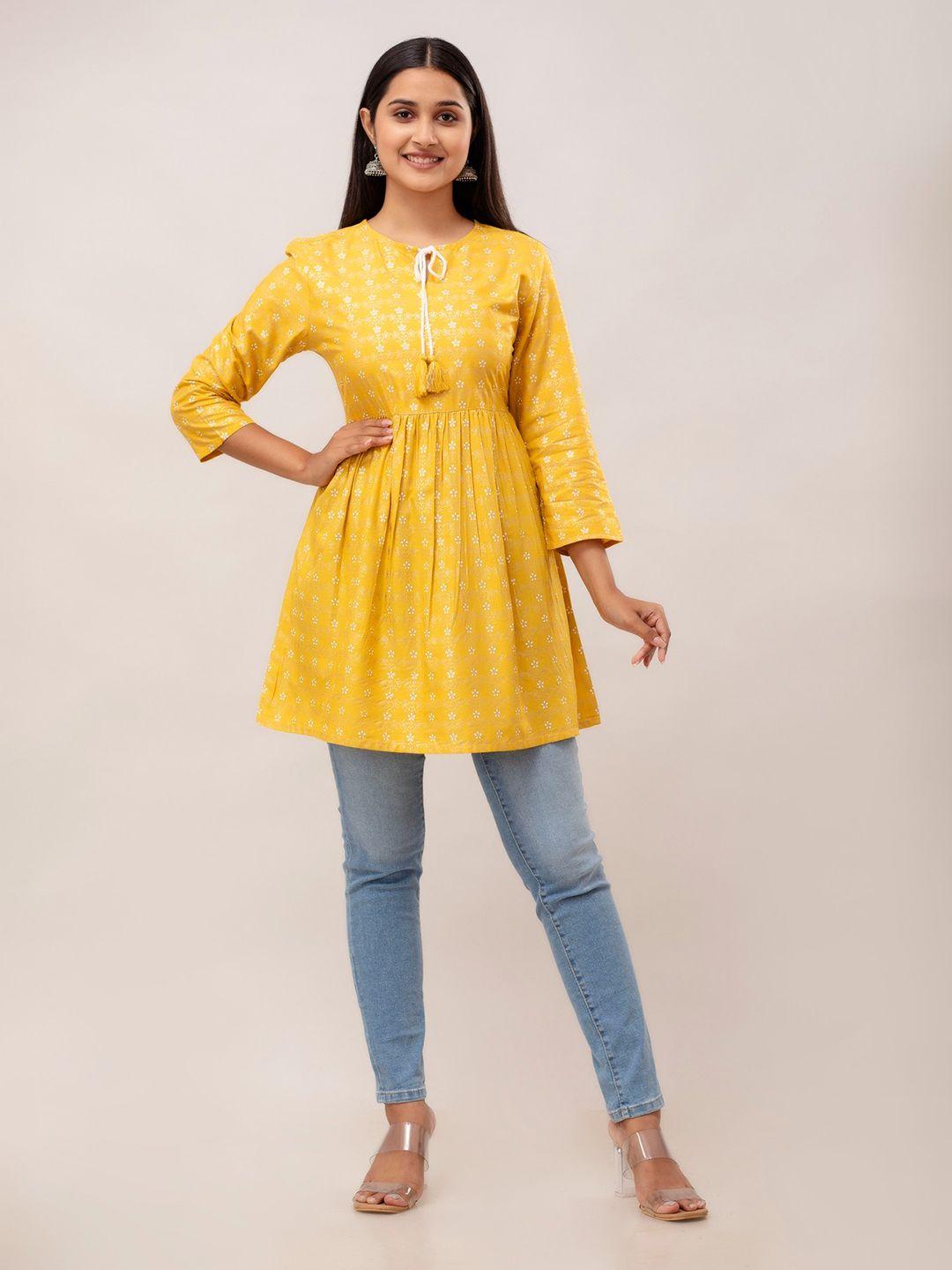 here&now yellow ethnic motifs printed keyhole neck pleated a-line kurti