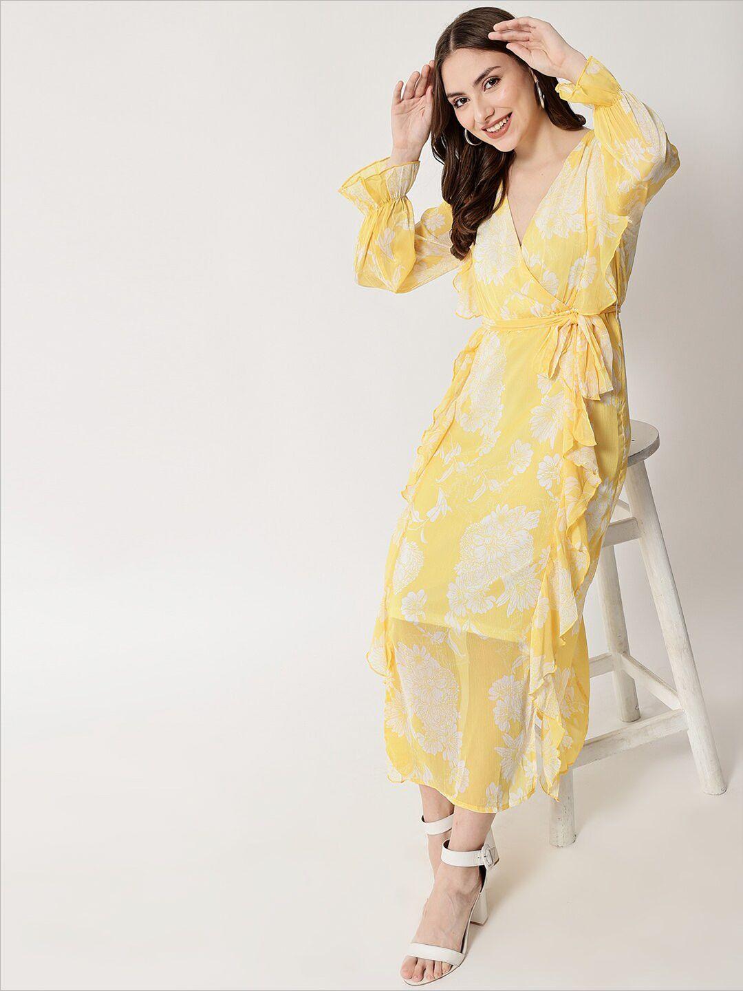 here&now yellow floral printed chiffon maxi dress