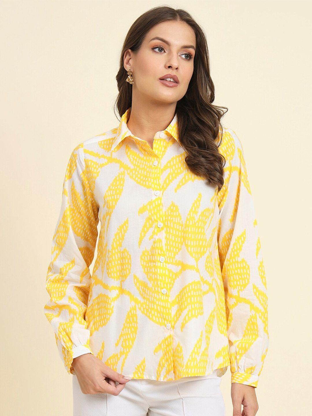 here&now yellow floral printed cotton casual shirt