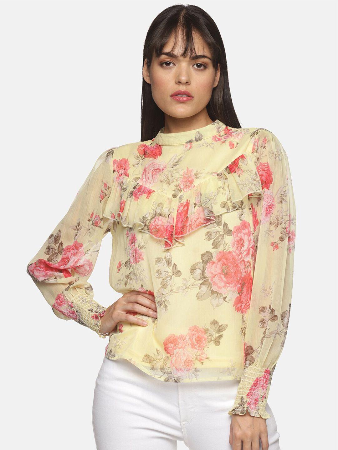 here&now yellow floral printed ruffles chiffon top