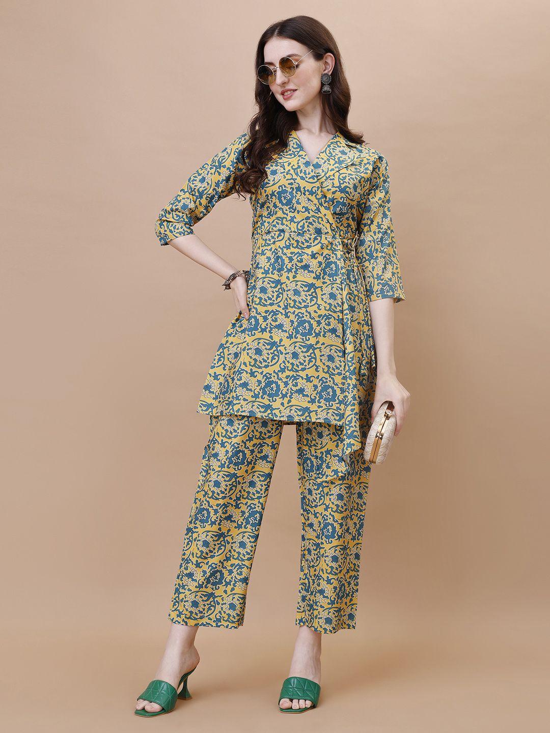 here&now yellow printed wrap top with trousers