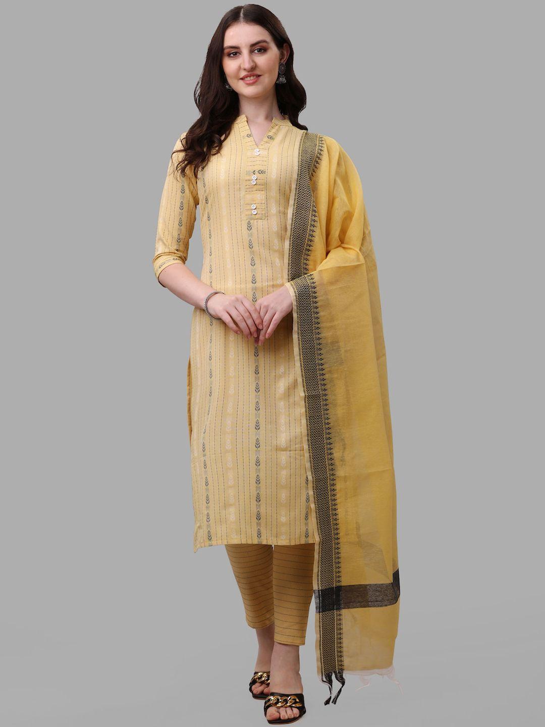 here&now yellow striped regular pure cotton kurta with trousers & dupatta