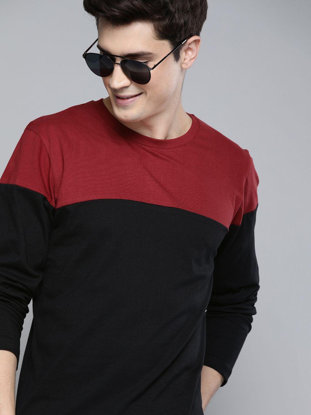 herenow men maroon  black colourblocked round neck pure cotton t-shirt