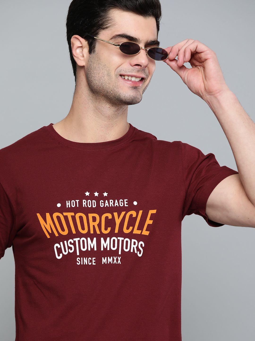 herenow men maroon pure cotton printed round neck pure cotton t-shirt