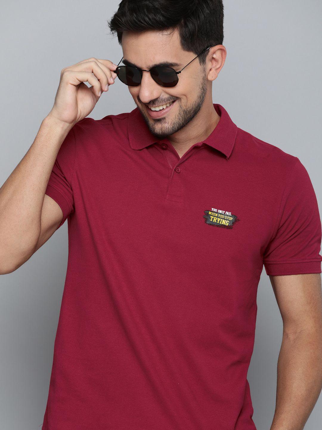 herenow men maroon solid cotton polo collar pure cotton t-shirt