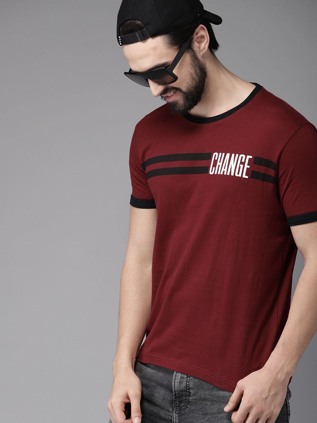 herenow men maroon solid round neck pure cotton t-shirt