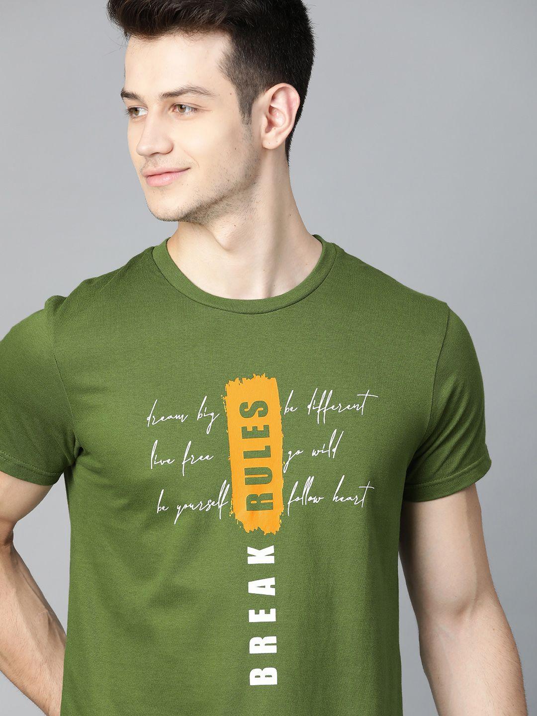 herenow men olive green  white typography printed  pure cotton t-shirt