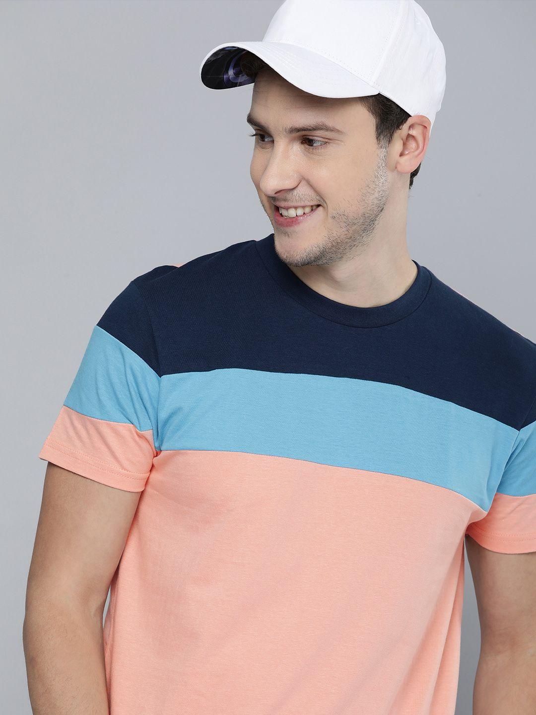 herenow men peach-coloured  navy blue colourblocked pure cotton t-shirt