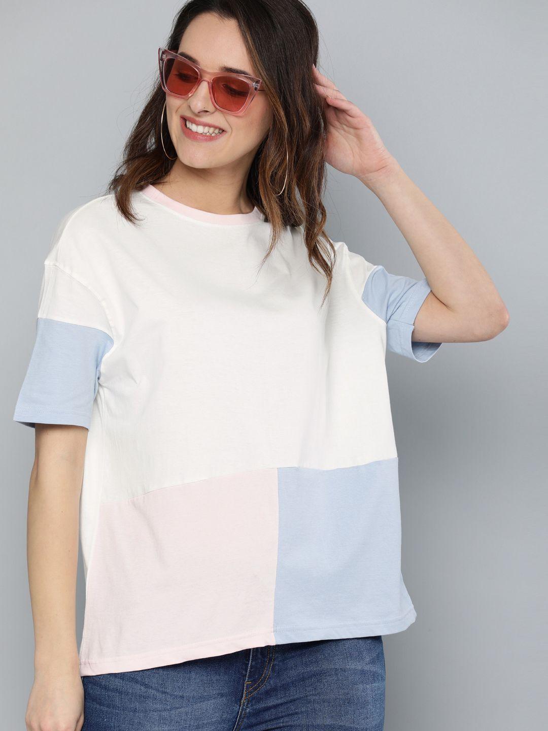 herenow women white  blue colourblocked round neck boxy fit pure cotton t-shirt