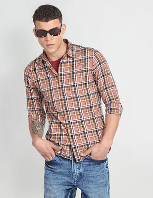 herringbone plaid slim shirt