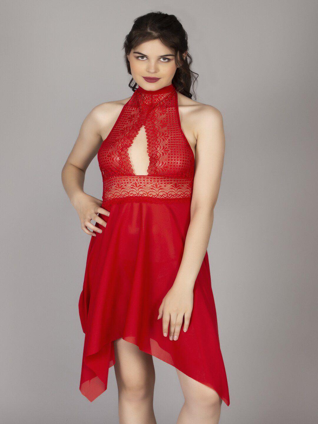 herryqeal red net halter neck baby doll with asymmetric
