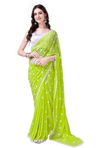 hesvi women’s georgette saree with unstitched blouse piece and hand-embroidered gota work lucknowi chikankari (perrot green)