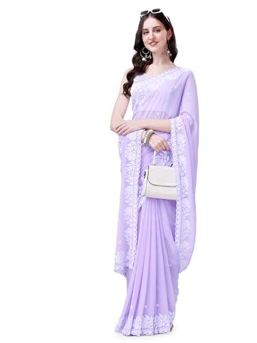 hesvi women's embroidered lucknowi chikankari georgette saree with unstitched blouse piece(lavender)