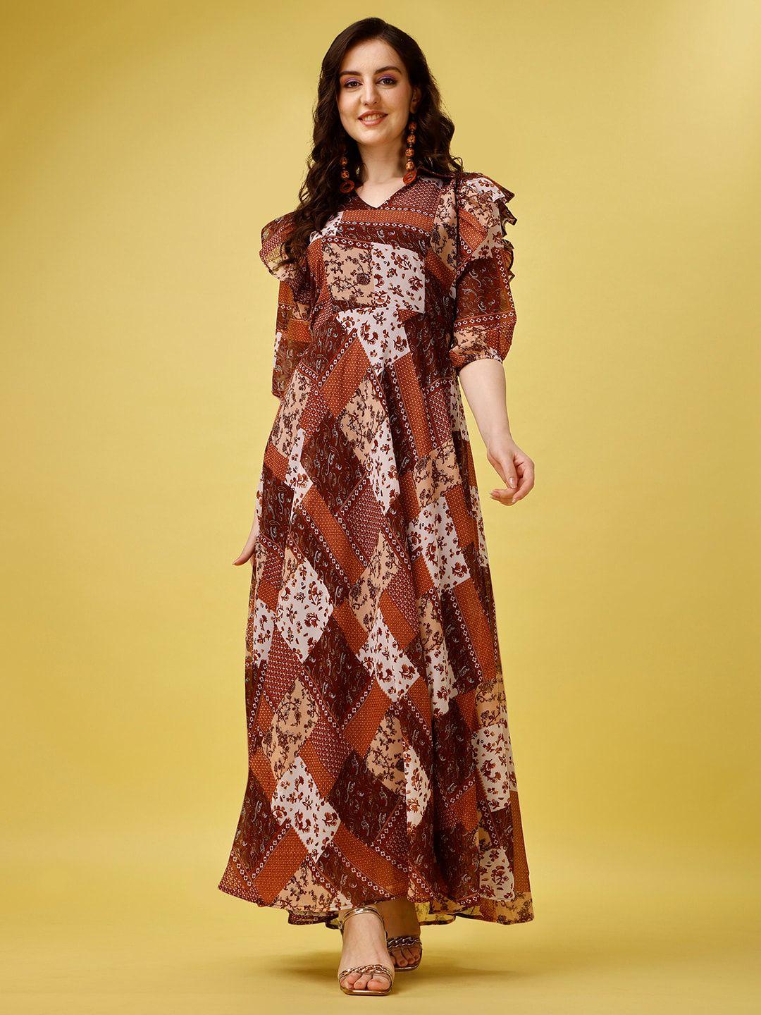 hetvi creation ethnic motif printed ruffled georgette maxi dress