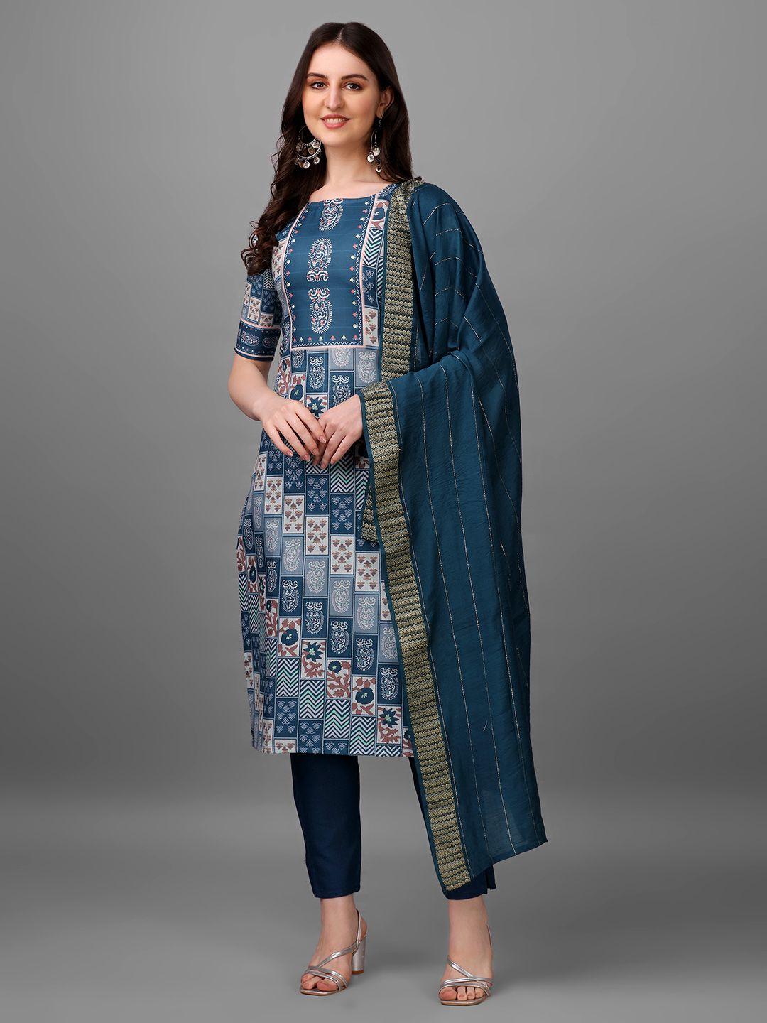 hetvi creation women teal ethnic motifs printed regular kurta with trousers & with dupatta