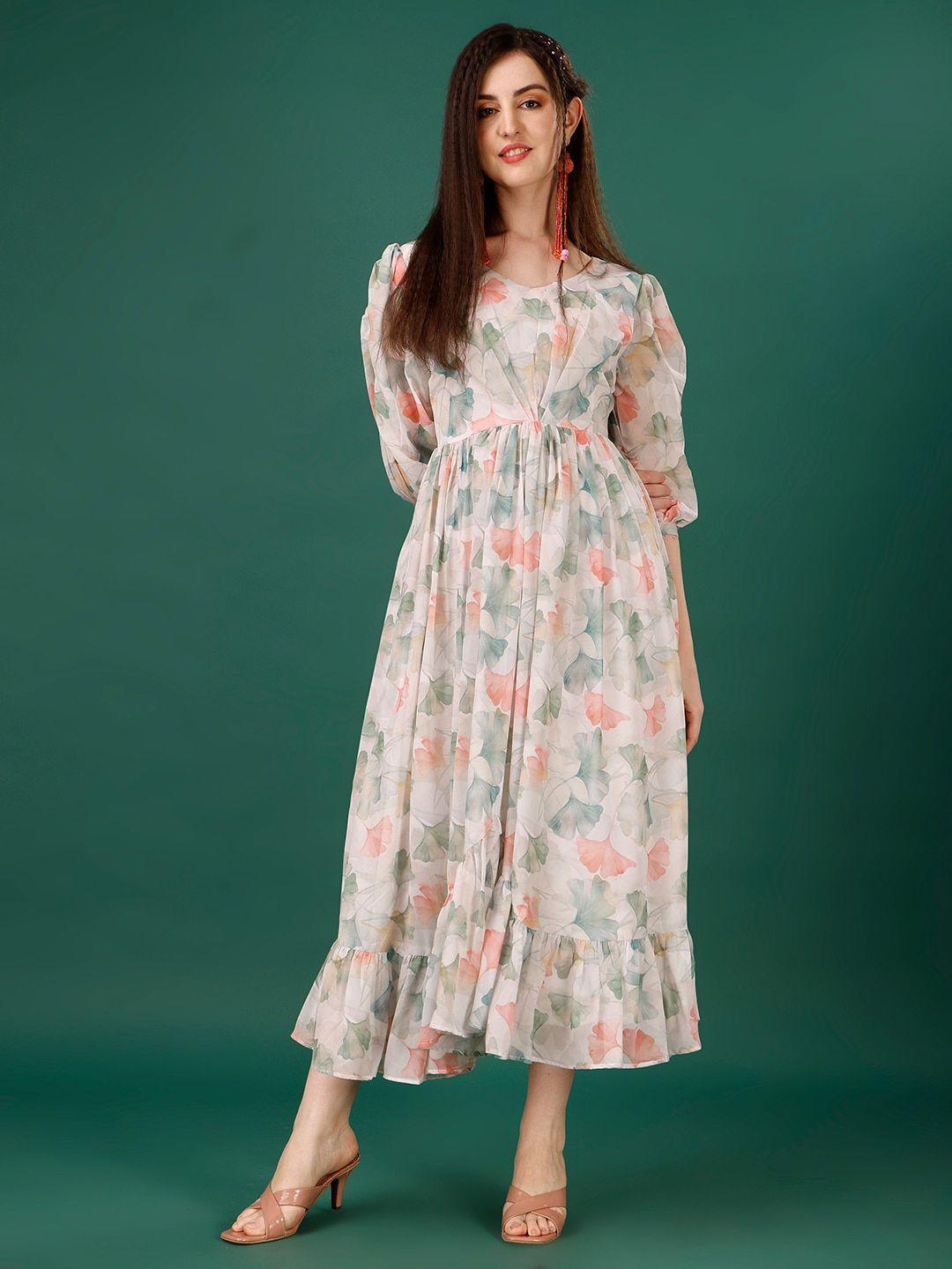 hetvi creation floral printed puff sleeve georgette fit and flare midi dress