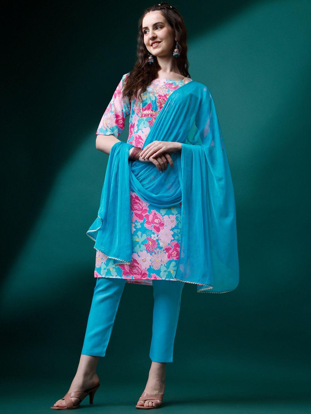 hetvi creation floral printed round neck kurta with trousers & with dupatta
