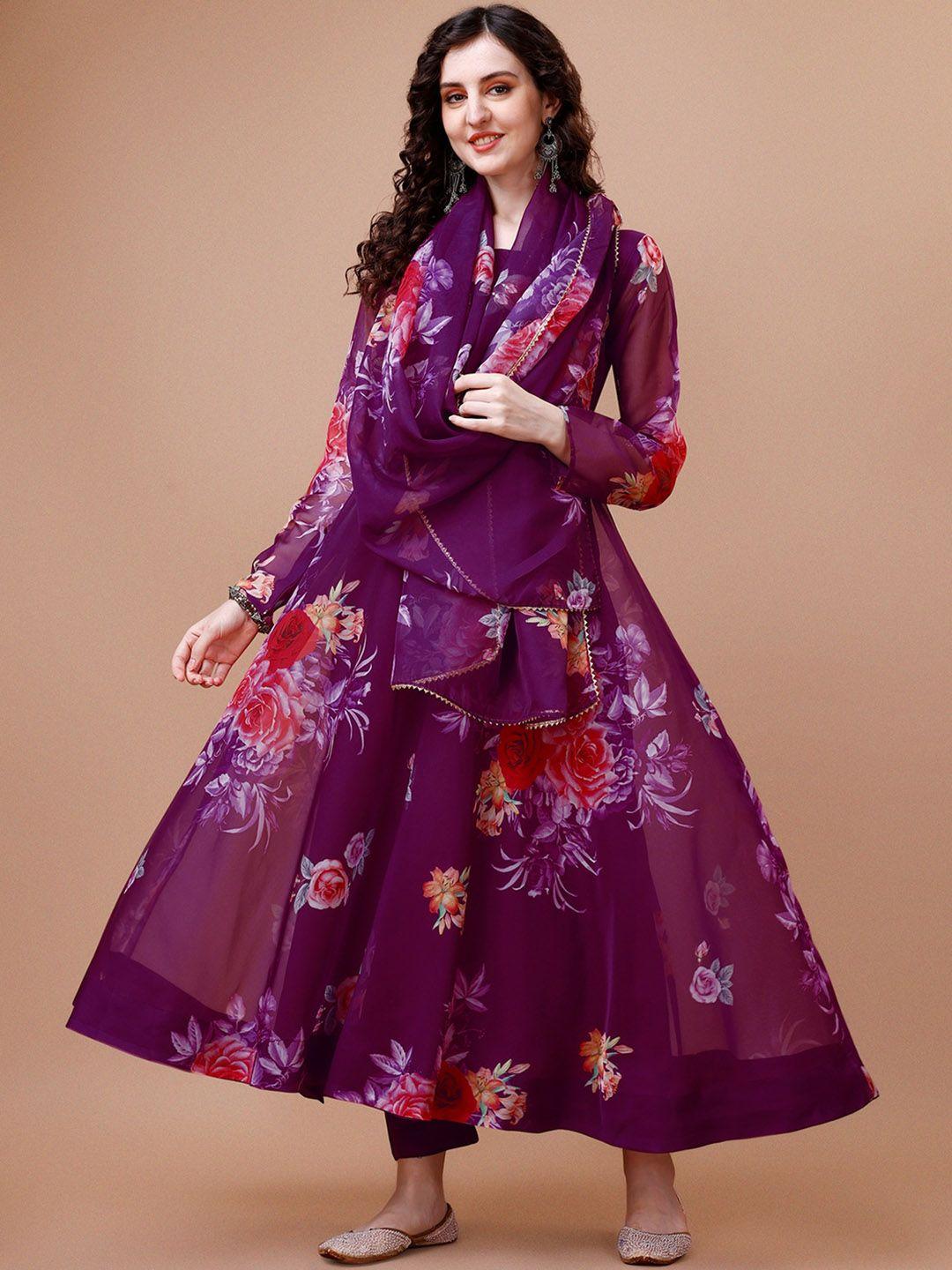 hetvi creation floral printed round neck long sleeves anarkali kurta set