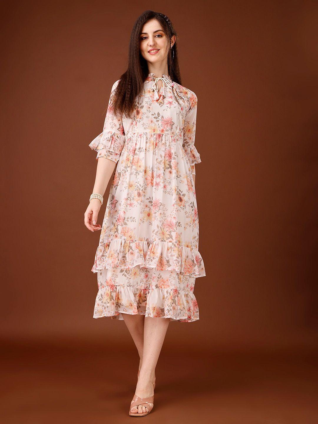 hetvi creation floral printed tie-up neck bell sleeves fit & flare midi dress