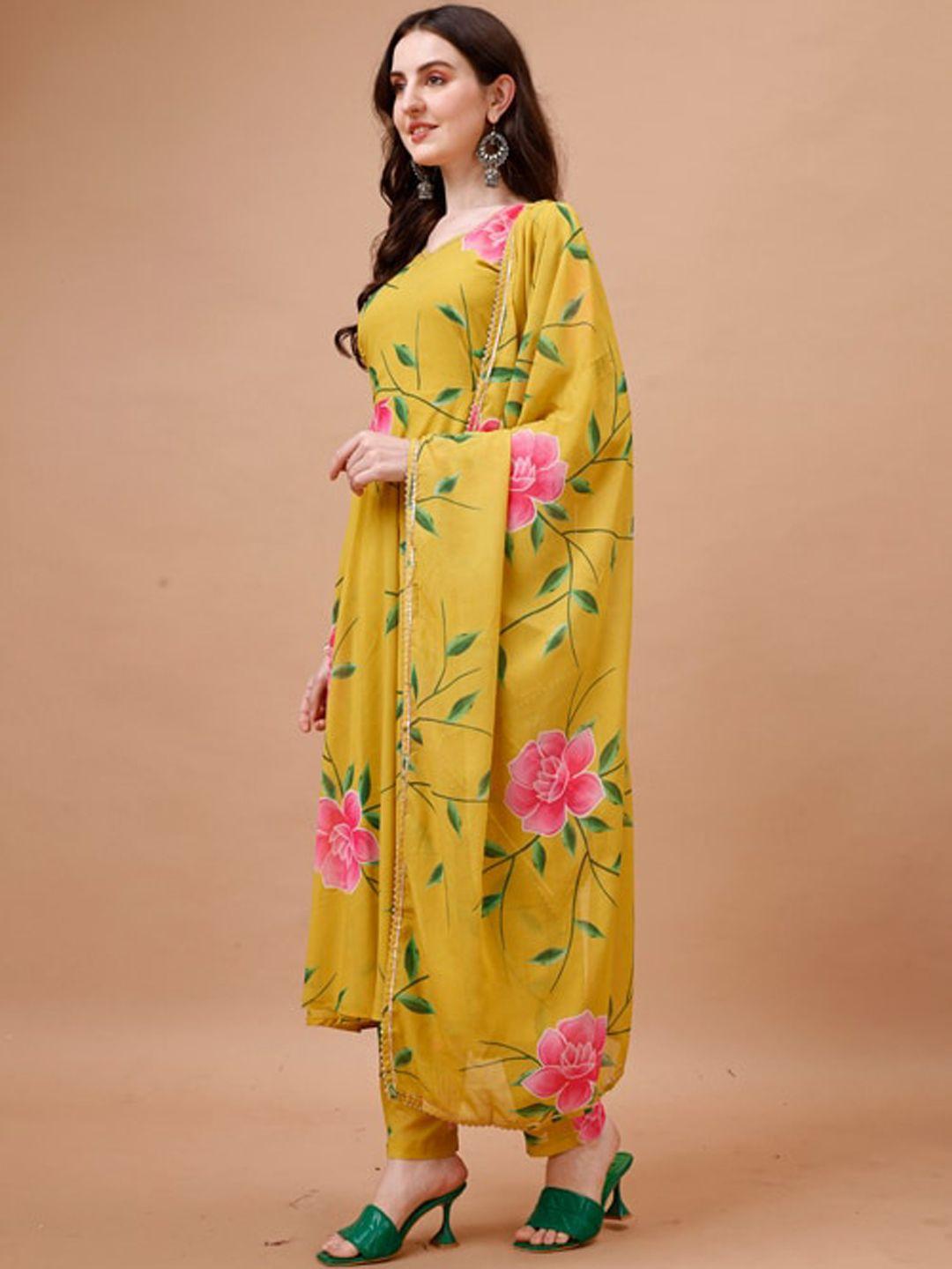 hetvi creation floral printed v neck kurti with trousers & with dupatta