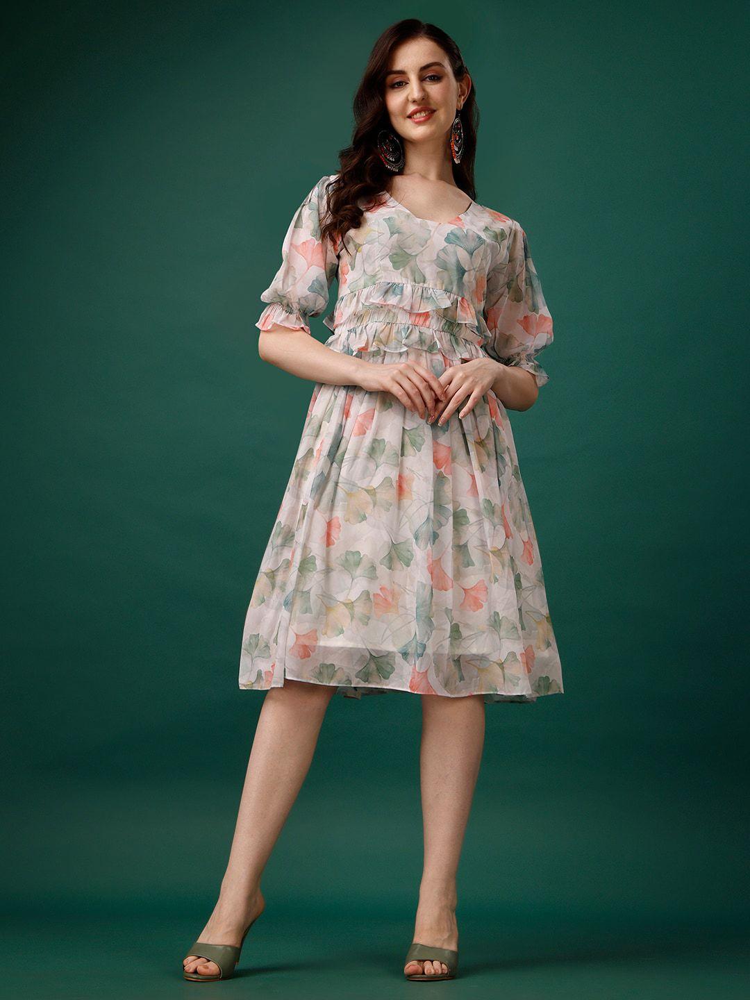 hetvi creation floral printed v-neck puff sleeve georgette fit & flare dress