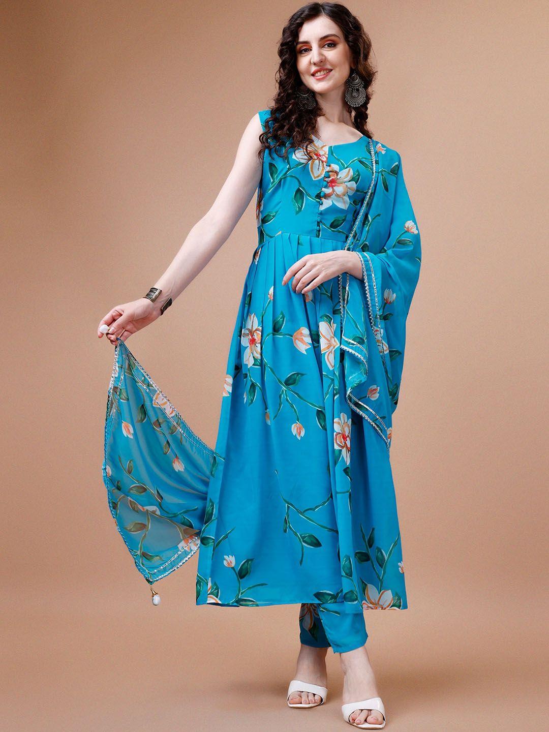 hetvi creation floral printed v neck sleeveless kurta with trousers & with dupatta
