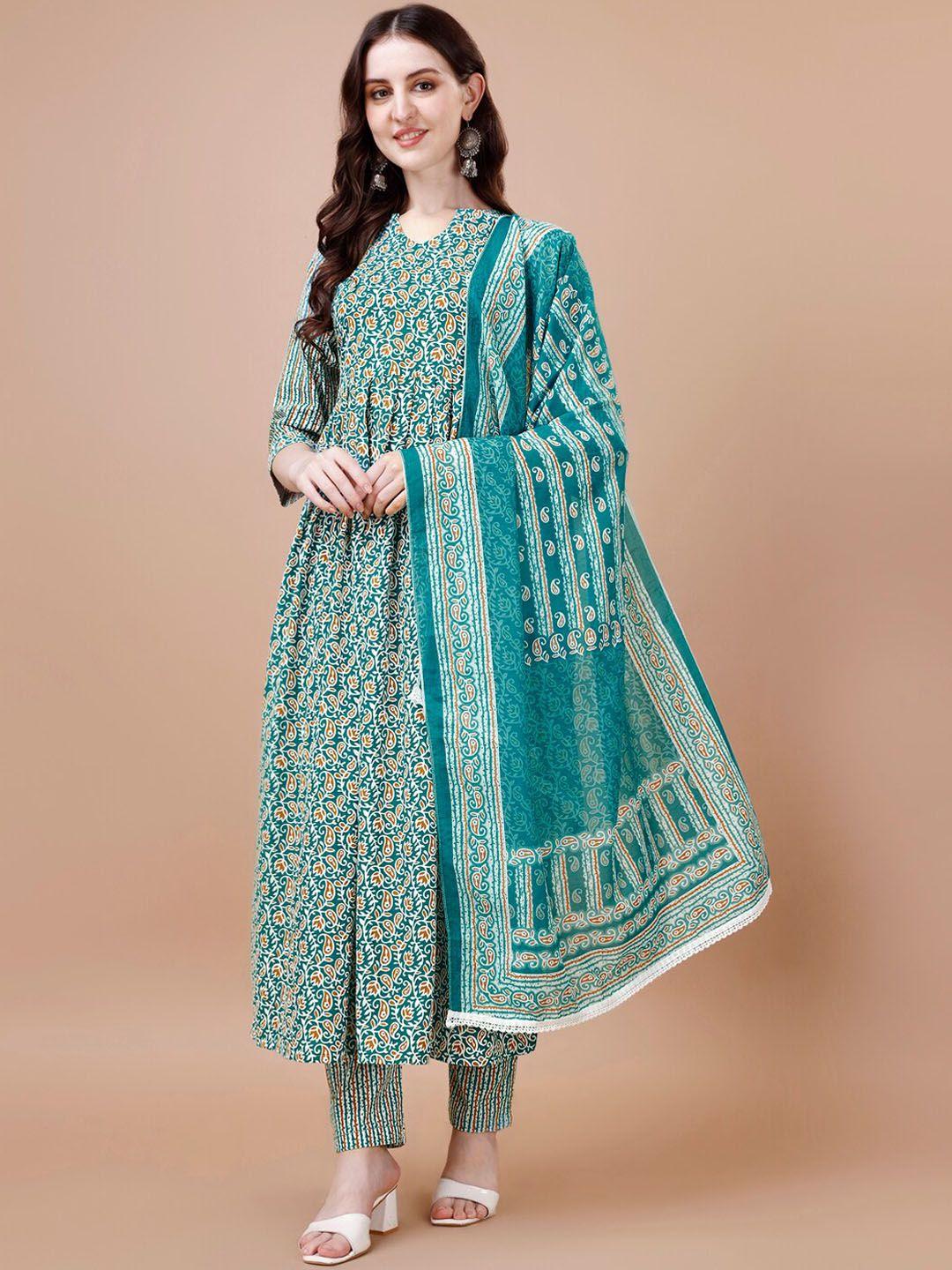 hetvi creation women ethnic motifs printed pleated kurta with trousers & with dupatta