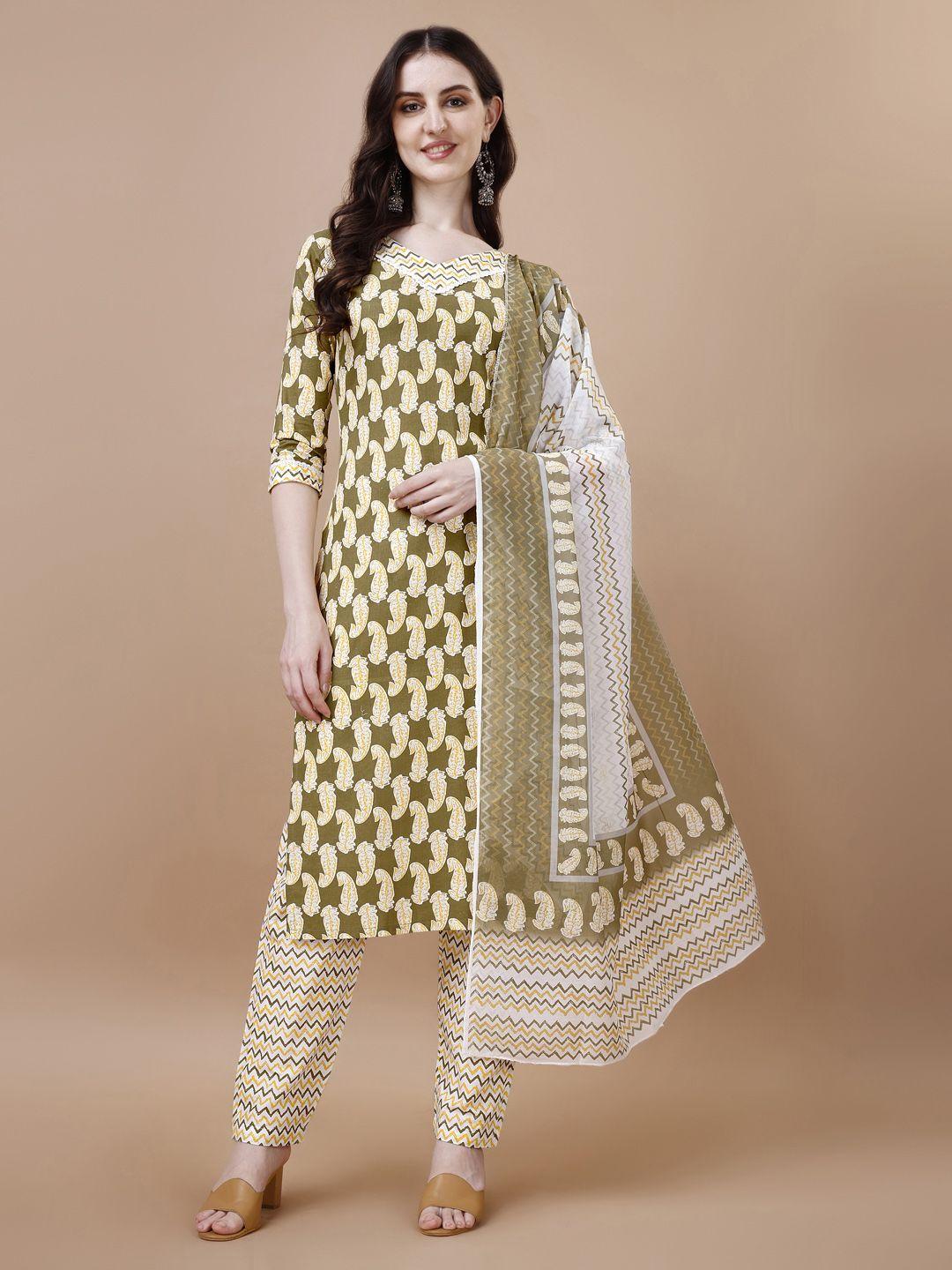 hetvi creation women olive green paisley printed regular kurta with trousers & with dupatta