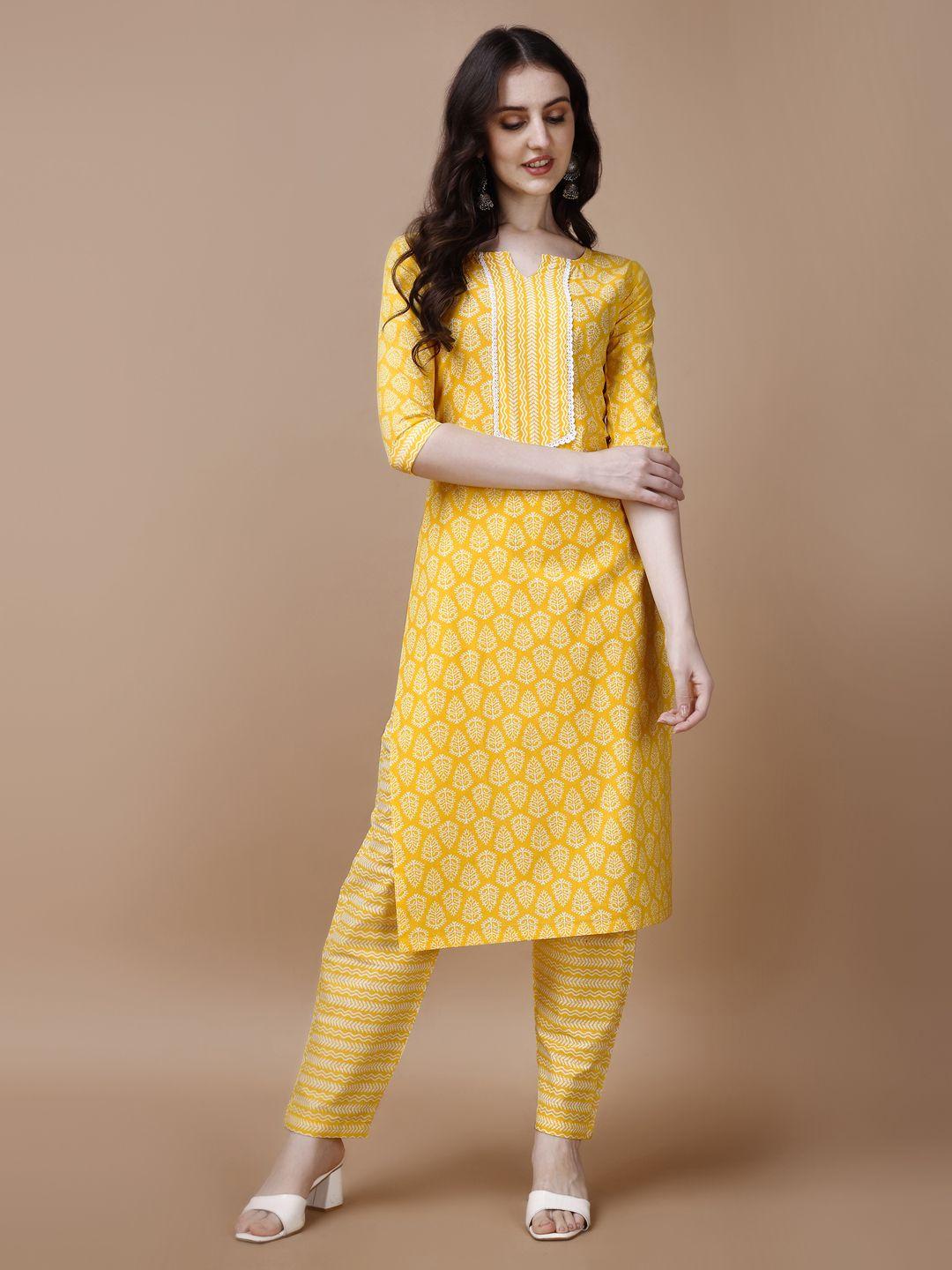 hetvi creation women yellow ethnic motifs printed regular kurta with trousers