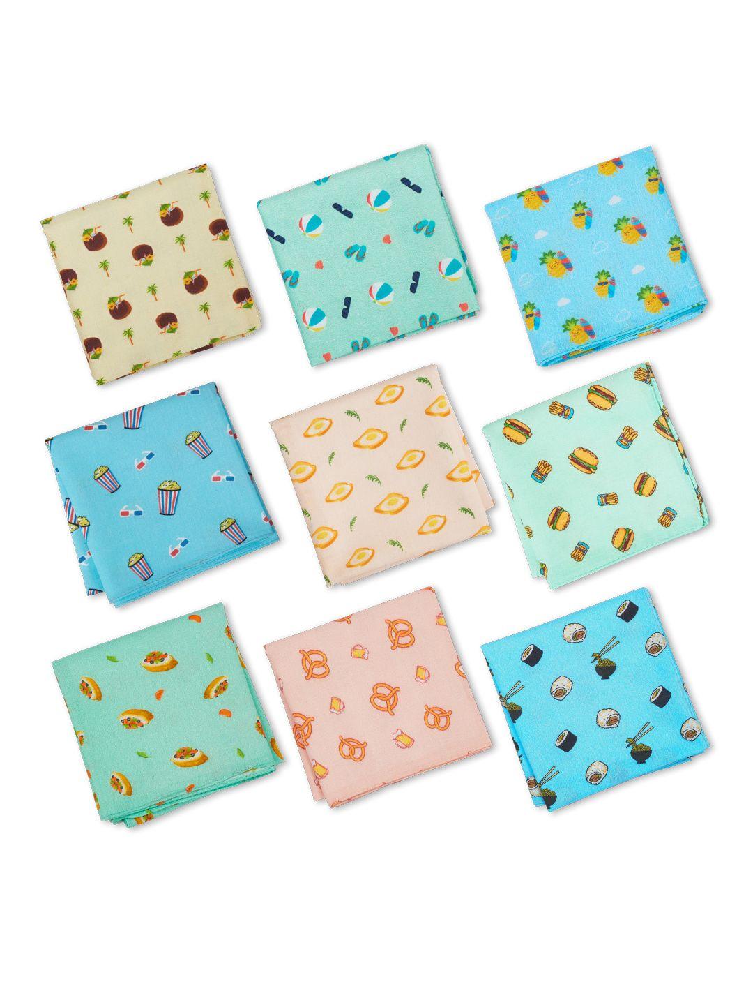 hexafun men 9 pieces multicolored printed pure organic cotton handkerchief set