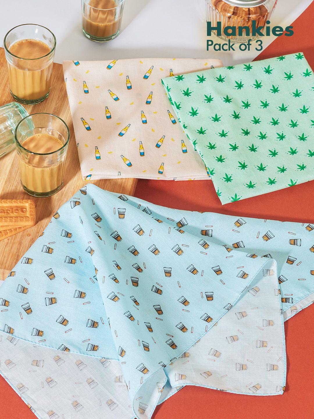 hexafun men 3 pieces green printed pure organic cotton handkerchief set
