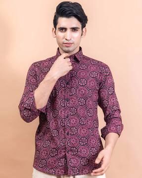 hexagonal block print shirt with spread collar