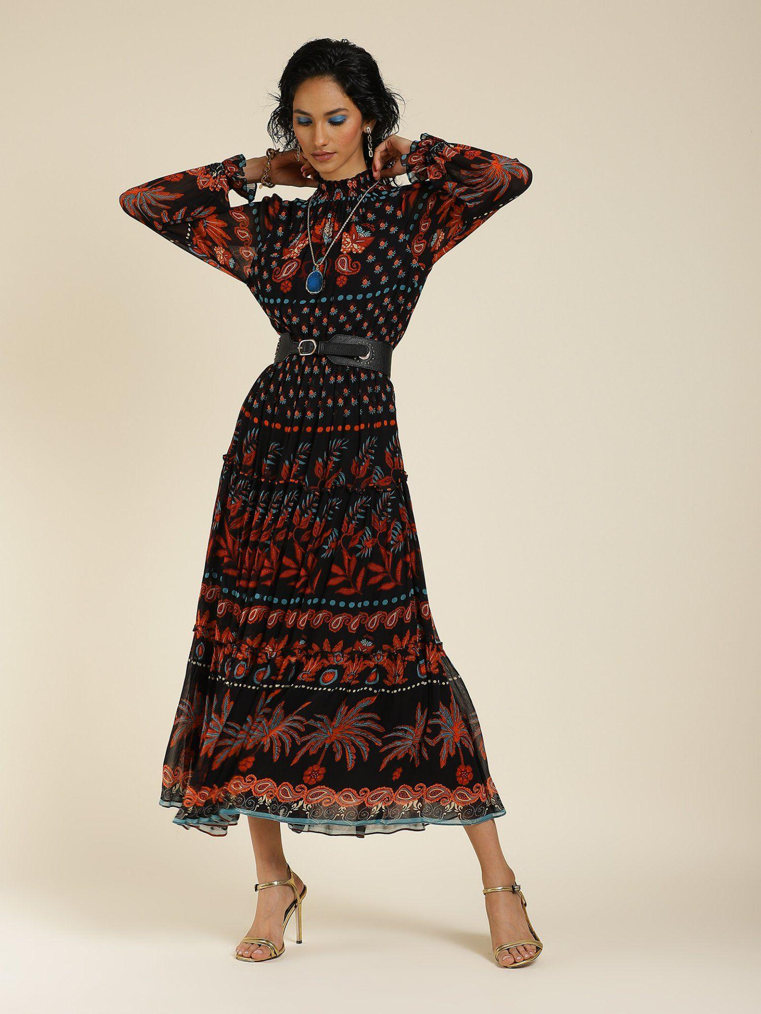 hi-neck full sleeve printed long dress