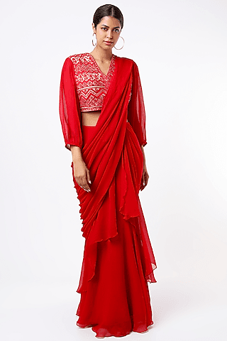 hibiscus red chiffon draped saree set