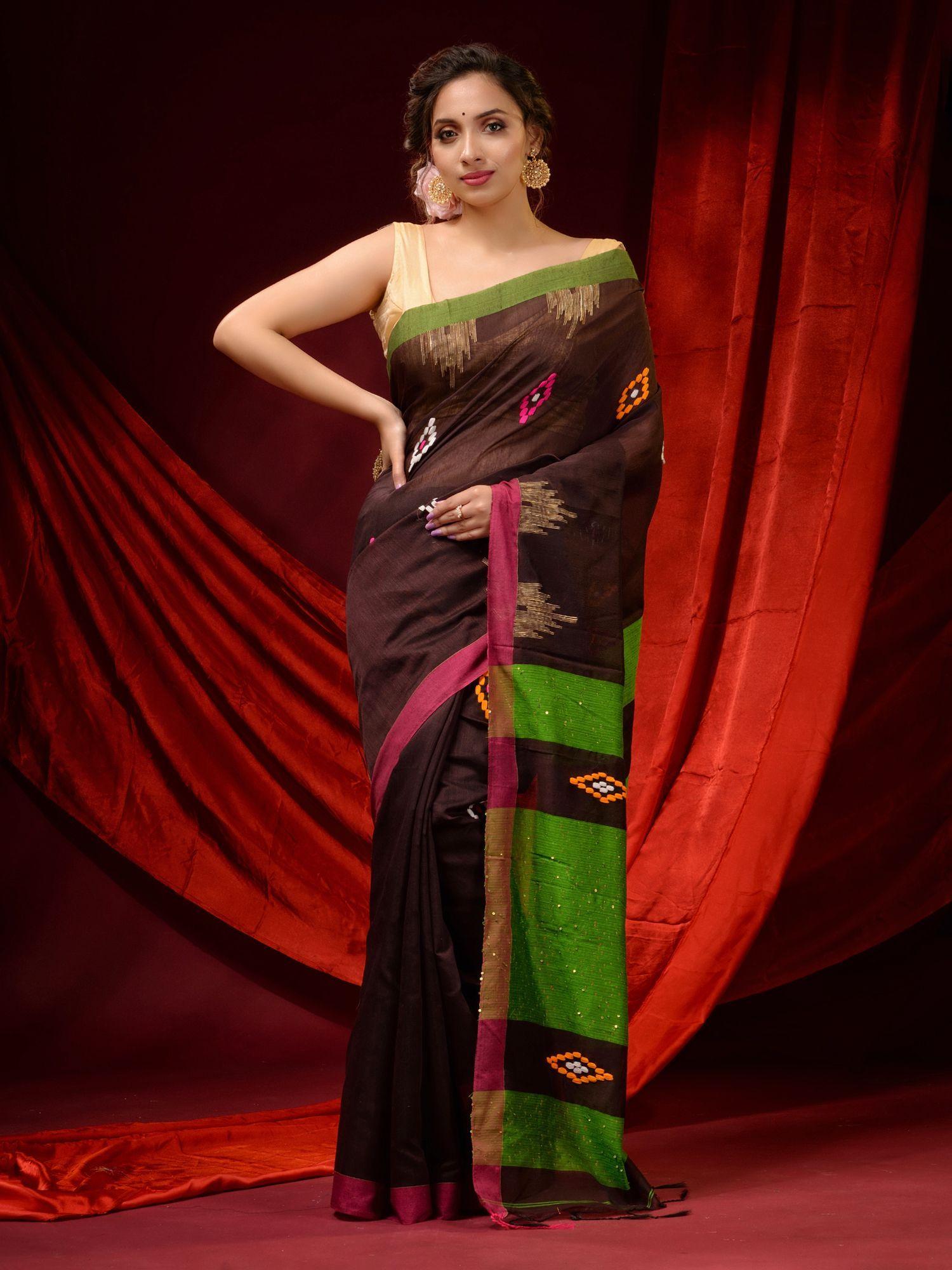 hickory brown cotton silk ethnic motifs and sequin pallu saree with unstitched blouse