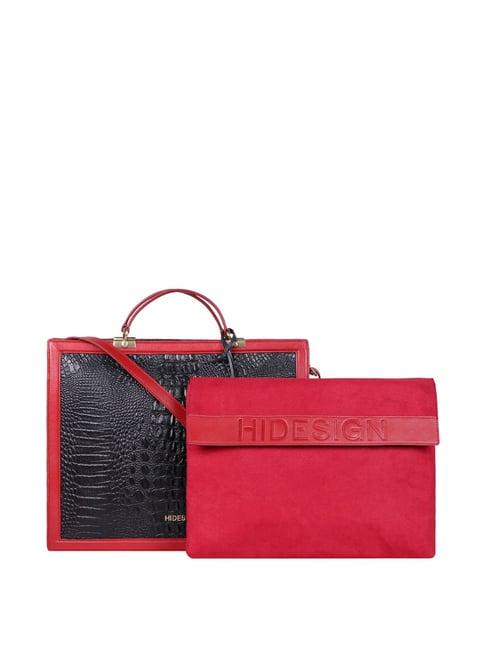 hidesign black & red textured medium handbag with laptop sleeve