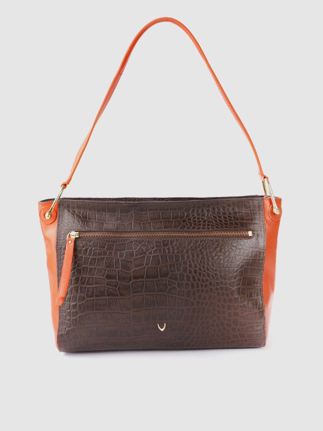hidesign coffee brown & orange handcrafted croc textured leather structured shoulder bag