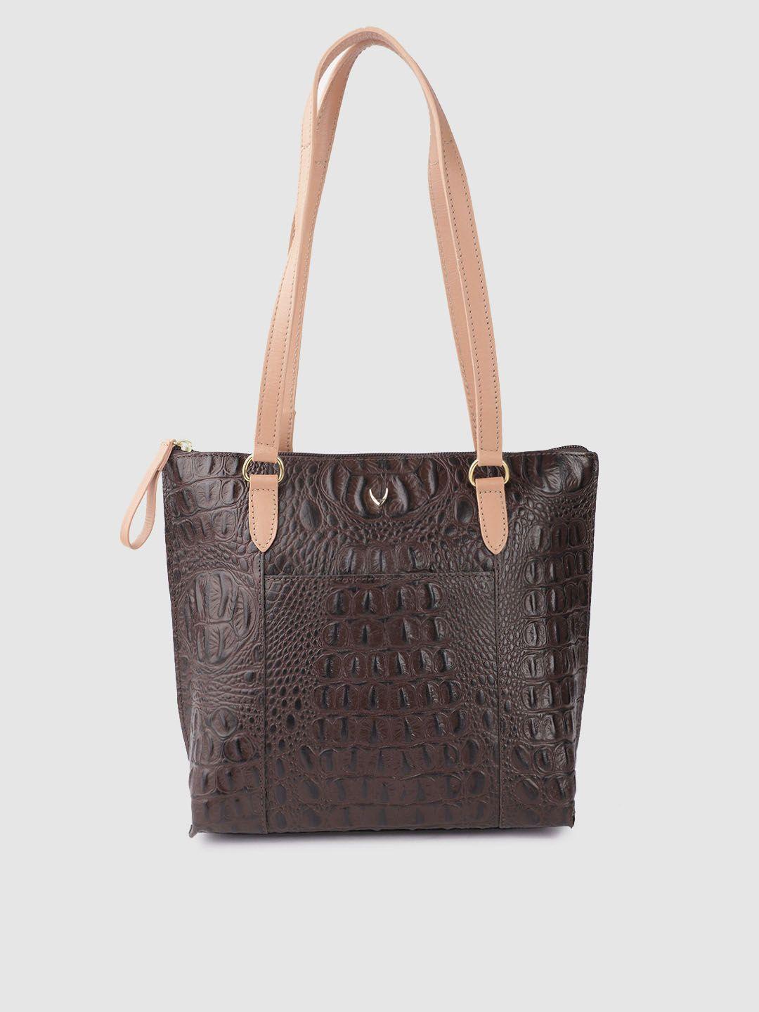 hidesign coffee brown croc textured leather structured shoulder bag